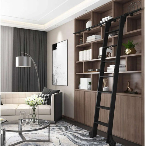 Retractable Sliding Barn Door Ladder Kit With Aluminum Alloy Ladder Full Track System in modern living room setup