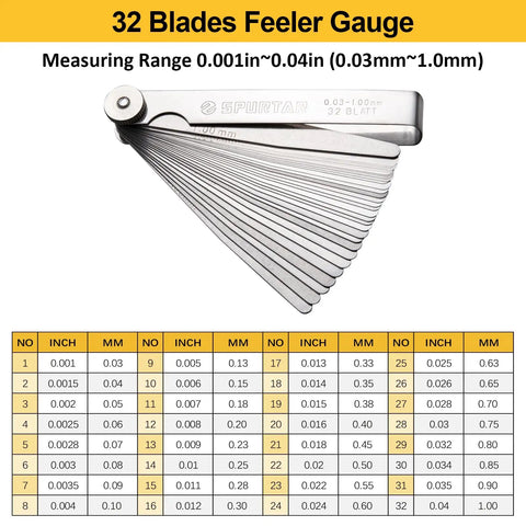 Spark Plug Gap Tool With 32 Blade Steel Feeler Gauge showing measuring range and thickness chart for spark plugs