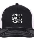 Everyday Men's Breathable Outdoor Trucker Hat For Summer Adventures, No Crying On The Yacht Style, front view black cap with logo