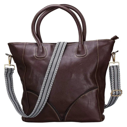 Upgrade Your Daily Carry With This Wide Adjustable Jacquard Crossbody Strap For Women Featuring Gold Hardware And A Bold Diagonal Weave Design That Truly Makes Your Favorite Handbags Look Fresh And Ready To Flex Anywhere You Go Today. Brown leather tote with wide adjustable strap.