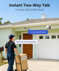 Delivery person at door communicated via 3K Two Way Audio Security Camera System With 8 Channel H265 Plus DVR AI Human and Vehicle Detection Four 5MP Wired CCTV Cameras With Color Night Vision 1TB HDD For Around the Clock Home Surveillance.