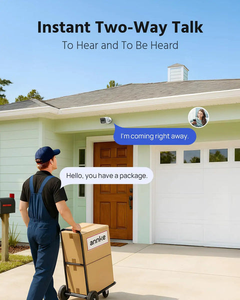 Delivery person at door communicated via 3K Two Way Audio Security Camera System With 8 Channel H265 Plus DVR AI Human and Vehicle Detection Four 5MP Wired CCTV Cameras With Color Night Vision 1TB HDD For Around the Clock Home Surveillance.