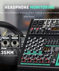 4 Channel DJ Mixer With Bluetooth, USB MP3 Input, 256 DSP, 48V Phantom Power showcasing headphone monitoring feature.