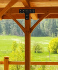 Heavy Duty Steel T Bracket Post Plate Kit With Fifty Six Socket Screws For Rock Solid Wood Fence Anchoring And Backyard Pergola Framing Project mounted on timber pergola beams.