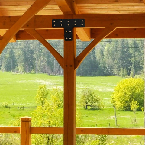Built Tough T Shaped Mending Plate Bracket Set With Carbon Steel on wood frame, used for sturdy support in outdoor structures.