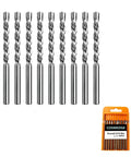 Heavy Duty 1/8 Inch Spiral Drywall Router Bits, Rock Solid M2 High Speed Steel Drill Cutters With Guide Pin, Slick Socket Hole Kit For Electrical And Plumbing Jobs, 10 Pack Set displayed in a row with a packaging box.