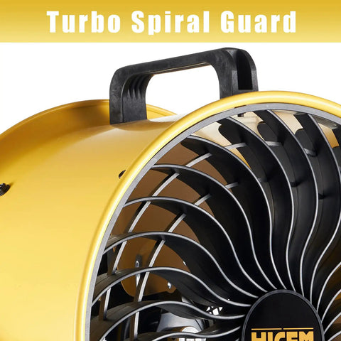 Close-up of High Velocity Drum Air Circulator Fan with Turbo Spiral Guard and handle, for big spaces and workshop cooling.