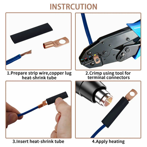 Instruction steps for using 80 Pcs Copper Wire Lugs And 40 Pcs Heat Shrink Set For Battery Terminals AWG 8 6 12 10
