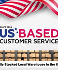 US flag background with text 'US-BASED CUSTOMER SERVICE' and shelves of boxes in a fully stocked local warehouse.