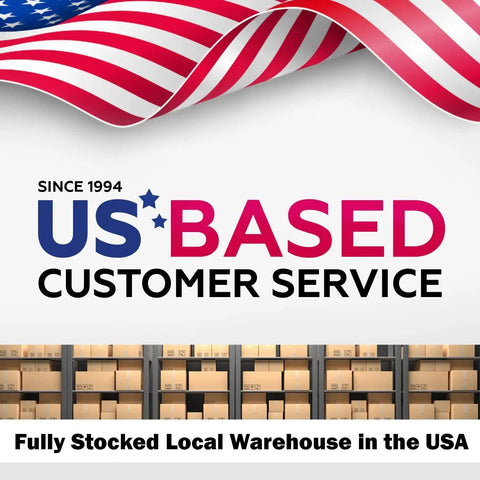 US flag background with text 'US-BASED CUSTOMER SERVICE' and shelves of boxes in a fully stocked local warehouse.