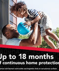 Father playing with child, text reads 'Up to 18 months of continuous home protection', promoting pest control product.
