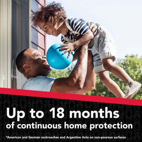 Father playing with child, text reads 'Up to 18 months of continuous home protection', promoting pest control product.
