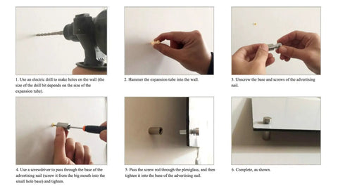 Installation steps for Rock Solid Stainless Steel Standoff Screws, 1/2 Inch Length By.78 Inch Cap Diameter, Silver 12 Piece Set.