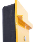 FCB-818 Class II Fork Truck Carriage Bumper with Molded Rubber and Steel, close-up of yellow safety finish and mounting plate
