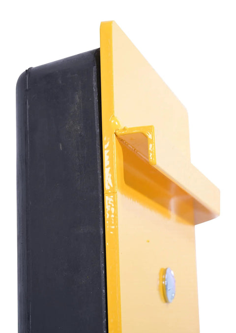 FCB-818 Class II Fork Truck Carriage Bumper with Molded Rubber and Steel, close-up of yellow safety finish and mounting plate