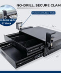 Heavy Duty Carbon Steel Clamp On Under Desk Slide Out Tray Rock Solid Metal Bin with no-drill secure clamp and rubber pads.