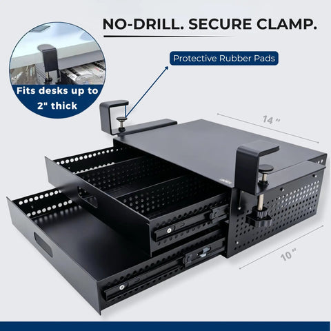 Heavy Duty Carbon Steel Clamp On Under Desk Slide Out Tray Rock Solid Metal Bin with no-drill secure clamp and rubber pads.