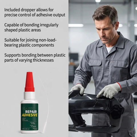 Heavy Duty Car Bumper Repair Adhesive For A Hella Strong Quick Fix On Cracked Plastic And Broken Auto Housing using dropper for precise control.