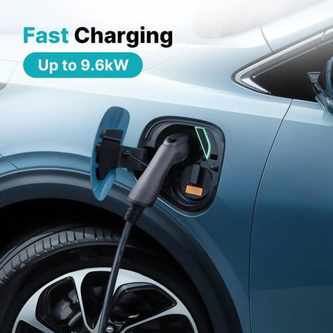 Plug And Play Heavy Duty J1772 EV Charger Extension Cable 40 Amp 20 Foot Level 1 And Level 2 Electric Vehicle Charging Cord connected to EV.
