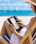 Woman using phone in Two Pack Waterproof Fanny Pack With IPX8 Dry Belt Bag Touch Screen Phone Pouch Wallet on the beach