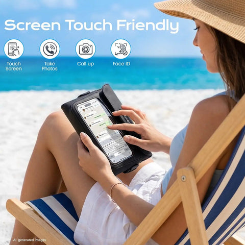 Woman using phone in Two Pack Waterproof Fanny Pack With IPX8 Dry Belt Bag Touch Screen Phone Pouch Wallet on the beach