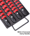 Heavy Duty Socket Organizer Tray Two Pack For One Quarter Inch, Three Eighths Inch, And One Half Inch Sockets, with red clips