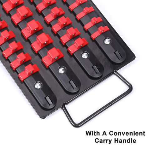 Heavy Duty Socket Organizer Tray Two Pack For One Quarter Inch, Three Eighths Inch, And One Half Inch Sockets, with red clips