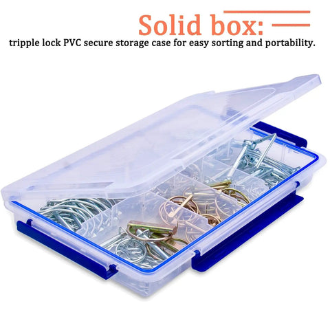 200 Piece Heavy Duty Pin Assortment Kit for Trailers, Tractors, Trucks, Mowers in clear storage case with hitch, R clips, Lynch, PTO pins