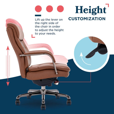 Tufted Executive Office Chair With Double Layer Cushion, Padded Armrests, Cognac Bonded Leather, Height Adjustment Feature
