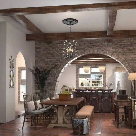 Dining room with Matte Black PU Ceiling Medallion For Light Fixtures And Ceiling Fans, Twelve And A Quarter Inch Outer Diameter