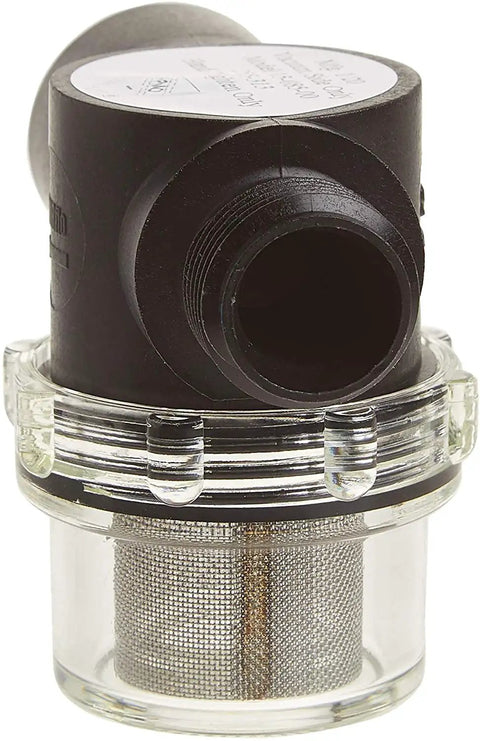 Inline Strainer 255-213 Half Inch MNPT To FNPT For 2088 Series Pumps with black cap and transparent debris filter bowl