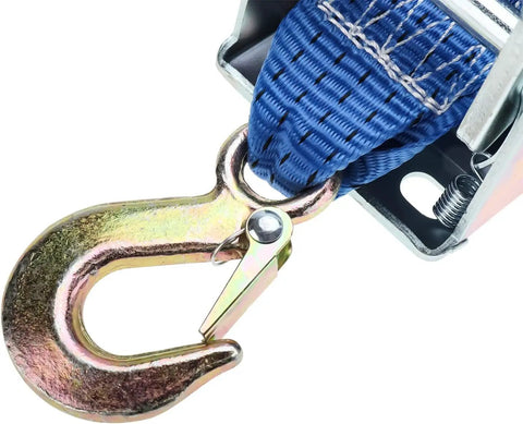 Close-up of hook and polyester strap on Beefy Heavy Duty Hand Winch 600 Lbs Gear Winch With 21 Cm Handle Crank for marine use.