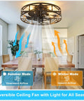 Smooth Operator Flush Mount Ceiling Fan with Remote and Six Speeds in Matte Black in dining room showing airflow directions.