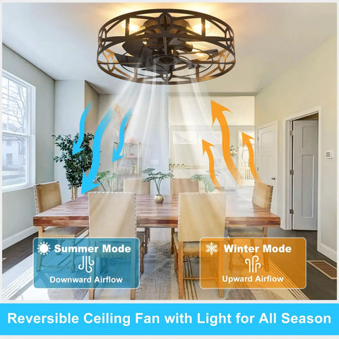 Smooth Operator Flush Mount Ceiling Fan with Remote and Six Speeds in Matte Black in dining room showing airflow directions.