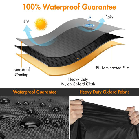 Diagram showing layers of Waterproof Outdoor Chair Covers 2 Pack material with heavy duty, waterproof Oxford fabric details.