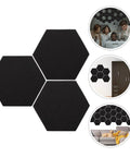 Three black Heavy Duty Hexagon Acoustic Foam Panels For Home Studios And Offices Built Tough Soundproofing Tiles on a white background.
