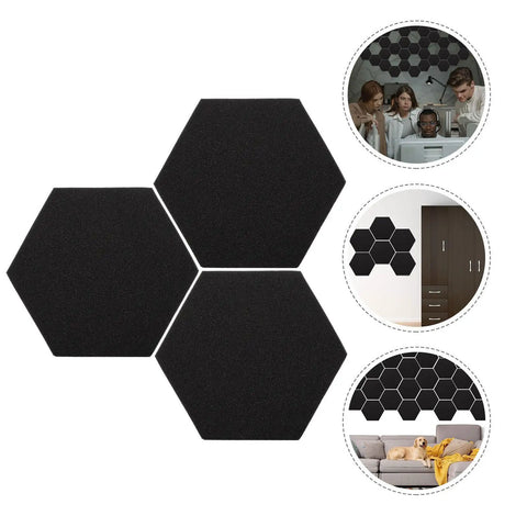 Three black Heavy Duty Hexagon Acoustic Foam Panels For Home Studios And Offices Built Tough Soundproofing Tiles on a white background.