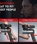 Adjustable seat on Air Resistance Fan Bike with Dual Action Handlebars for height and front-back positioning, home gym workout.