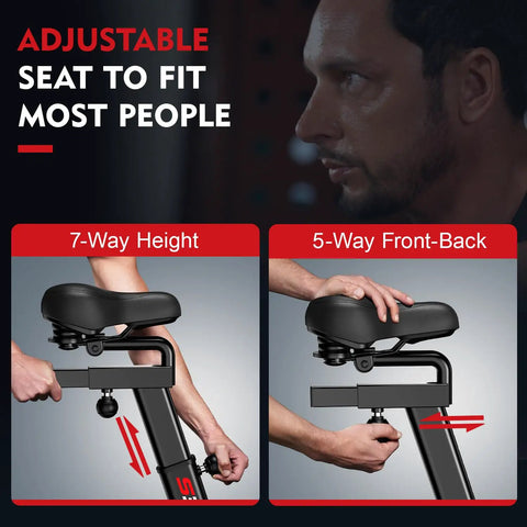 Adjustable seat on Air Resistance Fan Bike with Dual Action Handlebars for height and front-back positioning, home gym workout.