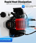 Side view of Beast 2 Stroke 2.3 HP Outboard Motor with heavy duty air cooling system, showcasing rapid heat dissipation feature.