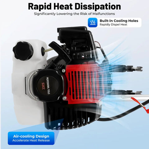 Side view of Beast 2 Stroke 2.3 HP Outboard Motor with heavy duty air cooling system, showcasing rapid heat dissipation feature.