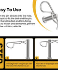 Diagram showing installation of Beefy 12Pcs M8 Clevis Pins And M3 X 60Mm R Shape Cotter Clips Set In 304 Stainless Steel, Flat Head Fasteners For Hitch Pins And Lock Systems, Includes 12Mm, 25Mm And 50Mm Lengths.