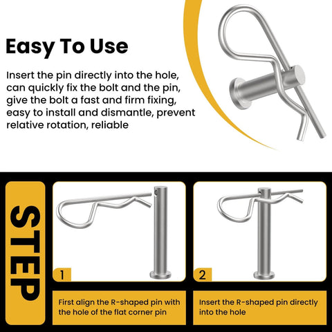 Diagram showing installation of Beefy 12Pcs M8 Clevis Pins And M3 X 60Mm R Shape Cotter Clips Set In 304 Stainless Steel, Flat Head Fasteners For Hitch Pins And Lock Systems, Includes 12Mm, 25Mm And 50Mm Lengths.