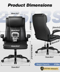 Ergonomic Office Chair For Home Or Office With Adjustable Lumbar Support Leather High Back Executive Style Flip Up Arms Rocking Mechanism All Day Comfort Black Finish showing dimensions and weight capacity.