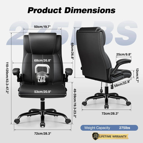 Ergonomic Office Chair For Home Or Office With Adjustable Lumbar Support Leather High Back Executive Style Flip Up Arms Rocking Mechanism All Day Comfort Black Finish showing dimensions and weight capacity.