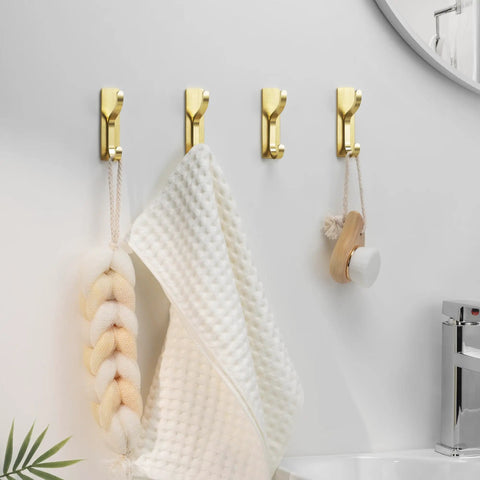 Heavy Duty Adhesive Wall Hooks For Bathroom Towels And Outerwear, Drill Free Stick On Mounts With Nasty Strong Grip, Rust Proof Gold Plating, Four Pack Home Upgrade