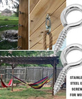 8-Pack 304 Stainless Steel Eye Screws, 2.5 Inch M6 Heavy Duty Eye Hooks Tough As Nails For Hanging Cable Wires On Wood, Quick Install Indoors Or Outdoors, mounted on wood with hammocks.