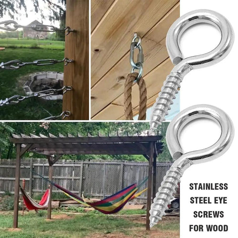 8-Pack 304 Stainless Steel Eye Screws, 2.5 Inch M6 Heavy Duty Eye Hooks Tough As Nails For Hanging Cable Wires On Wood, Quick Install Indoors Or Outdoors, mounted on wood with hammocks.