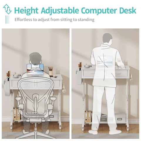 Rolling Mobile Desk With Drawers And Storage Adjustable Height Standing Workstation On Wheels For Small Spaces Space Saver Compact End Table For Teaching Studying Sewing And Crafting, showing use from sitting to standing.