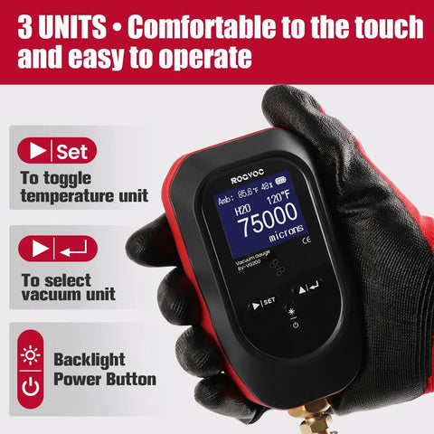 Digital Vacuum Gauge For HVAC And Refrigeration Pros, Micron Vacuum Gauge Tester With 11 Units, Real Time Pressure Readings During System Evacuation, Easy Readout For Tracking Vacuum Changes With A Vacuum Pump For Dehumidification in gloved hand